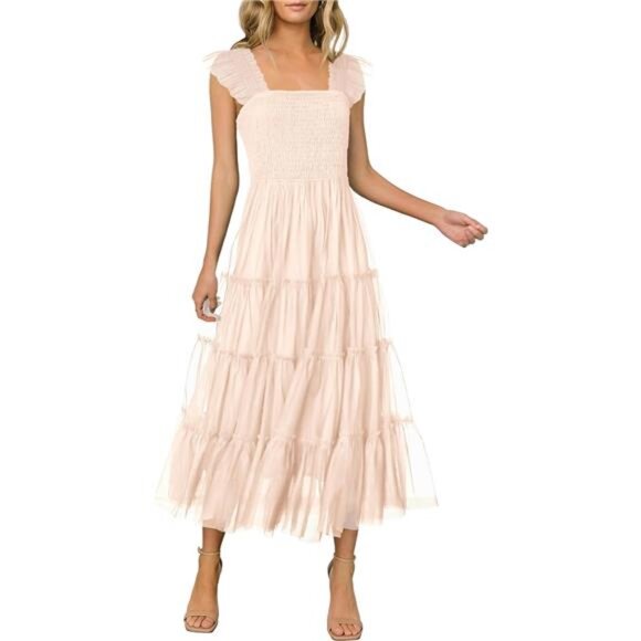 Women's Summer Sleeveless Smocked Ruffle Tulle Flowy Beach Sundress Casual